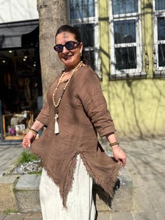 İthal V Yaka Asimetrik Keten Bluz