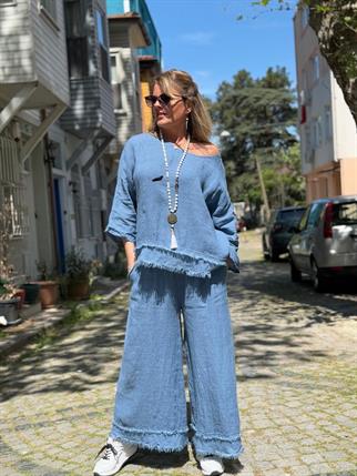 Püskül Detaylı İthal Keten Pantolon Bluz Takım