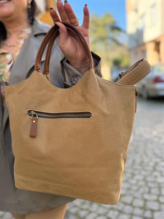 Camel Gabardin Deri Detaylı Çanta