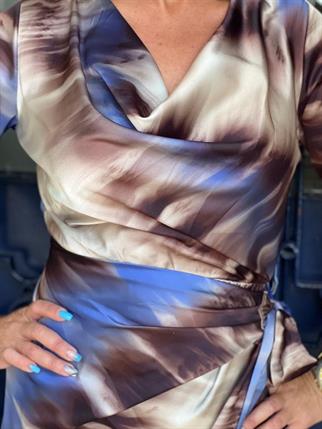 Kruvaze Degaje Yaka Saten Kalem Elbise