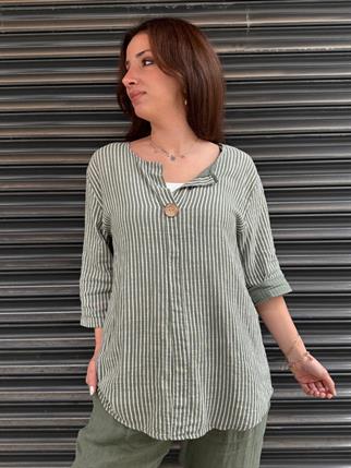 İthal Çizgili Devrik Yaka Düğmeli Bluz