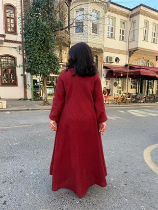 İthal Düğmeli Uzun Keten Elbise