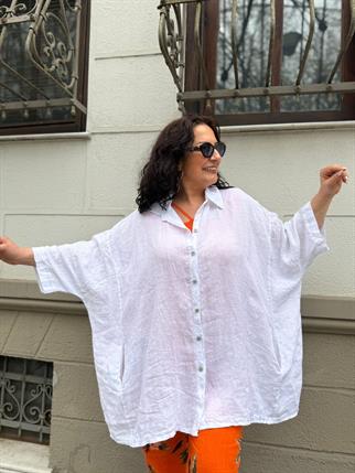 İthal Ham Keten Cepli Oversize Gömlek