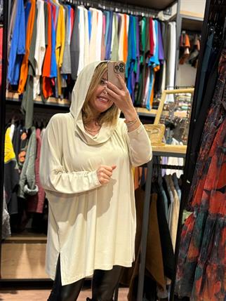 Degaje yakalı kapüşonlu oversize salaş pamuklu bluz