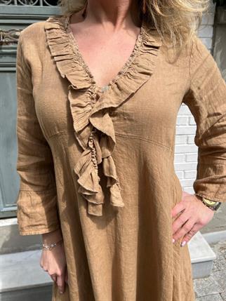 İthal Fırfırlı Keten Elbise