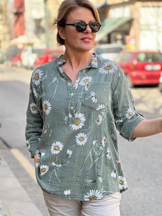 Haki İthal Papatya Desen Gömlek