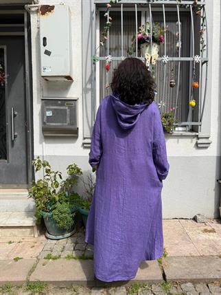 İthal Kapüşonlu Degaje Yaka Keten Elbise