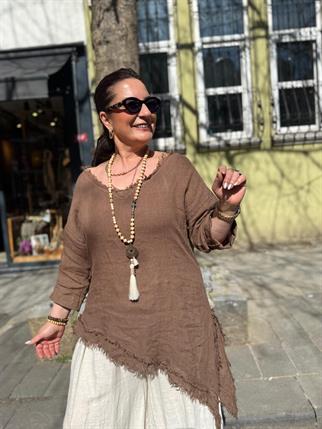 İthal V Yaka Asimetrik Keten Bluz