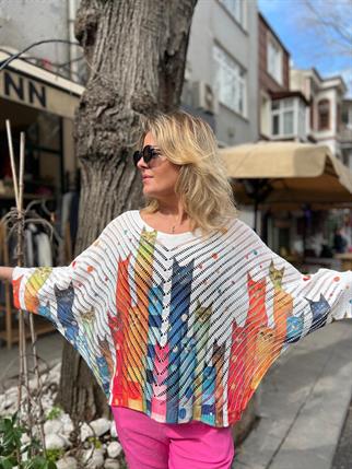 İthal V Yaka Ajurlu Kedi Desenli Merserize