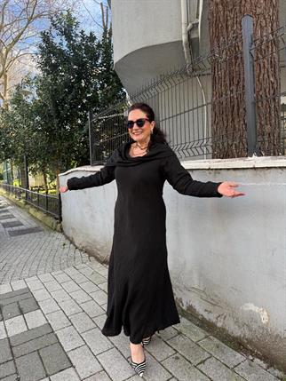 İthal Şal Yaka Keten Elbise