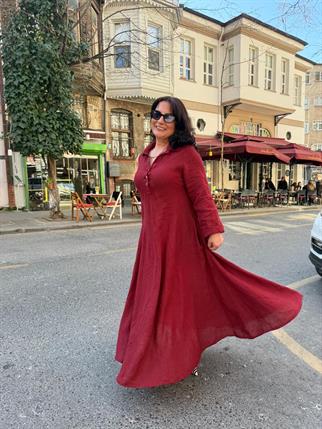 İthal Düğmeli Uzun Keten Elbise