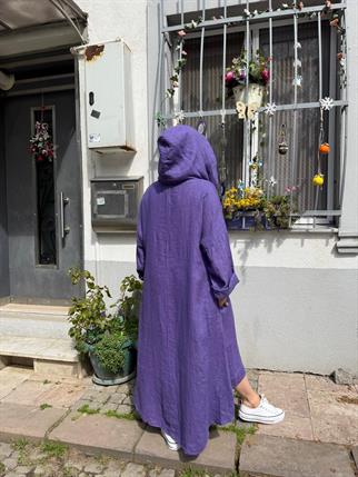 İthal Kapüşonlu Degaje Yaka Keten Elbise