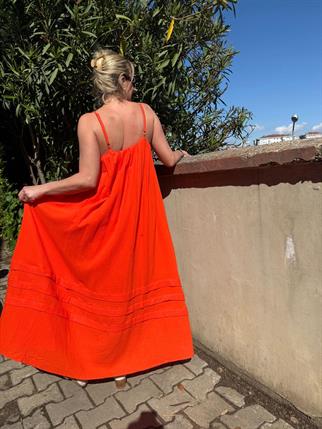 Ahşap Boncuk Müslin Askılı Uzun Elbise