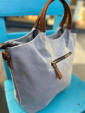 Gri Gabardin Deri Detaylı Çanta