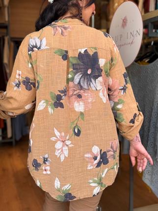 İthal Bahar Desenli Keten Gömlek