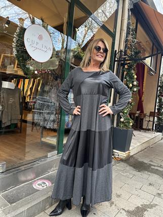 Antrasit Asimetrik Deri Detaylı Elbise