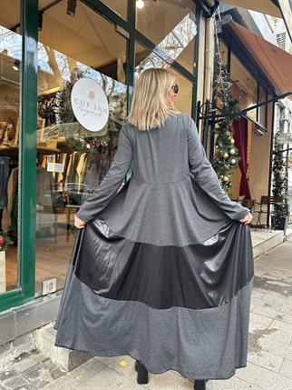 Antrasit Asimetrik Deri Detaylı Elbise