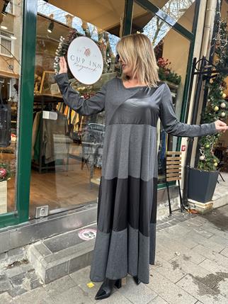 Antrasit Asimetrik Deri Detaylı Elbise