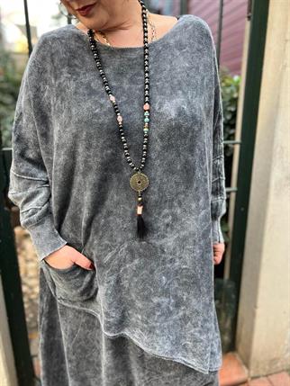 Antrasit Asimetrik Yıkamalı Yarasa Kol Triko