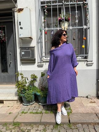 İthal Kapüşonlu Degaje Yaka Keten Elbise