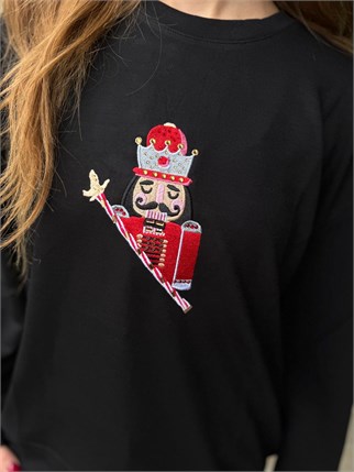 Nakışlı Taşlı Kurşun Asker Sweatshirt