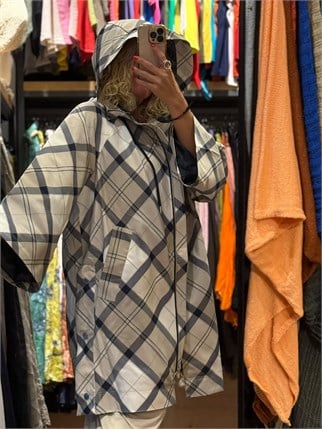 İthal Ekoseli Kapüşonlu Oversize Trençkot