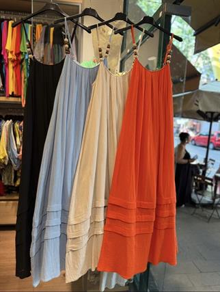 Ahşap Boncuk Müslin Askılı Uzun Elbise