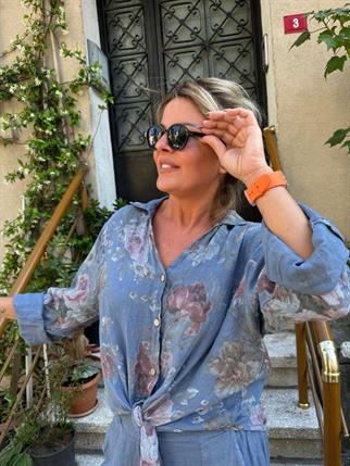 Gül Desenli Bağlamalı Keten Gömlek