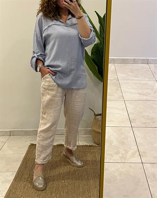 Bebe Mavi Dikiş Detaylı Uzun Kol Pamuk Keten Bluz