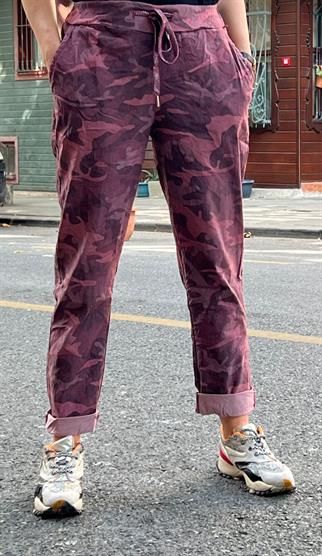 Bordo İthal Kamuflaj Likralı Pantolon