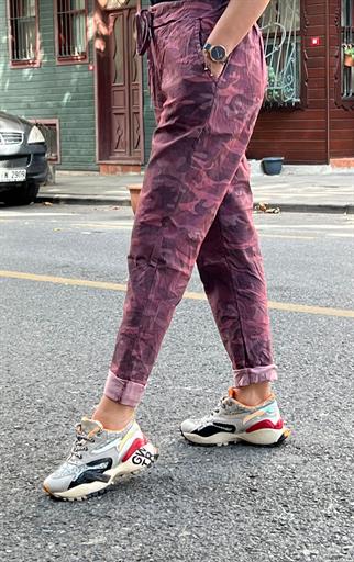 Bordo İthal Kamuflaj Likralı Pantolon