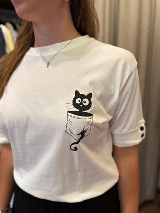 Kedi Cepte Ribanalı Bluz