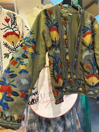 Haki İthal Pamuklu Nakışlı Ceket