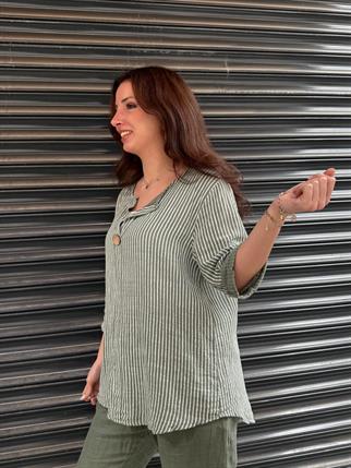 İthal Çizgili Devrik Yaka Düğmeli Bluz