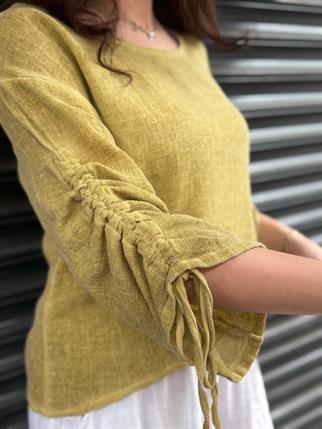 İthal Petek Dokulu Kolu Bağlamalı Keten Bluz