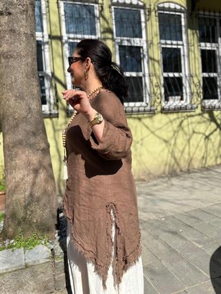 İthal V Yaka Asimetrik Keten Bluz