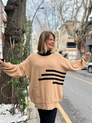 Camel Şerit Detay Oversize Kazak