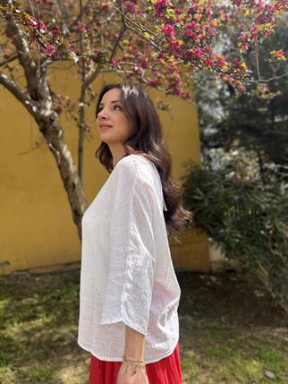 İthal Kolyeli Keten Bluz