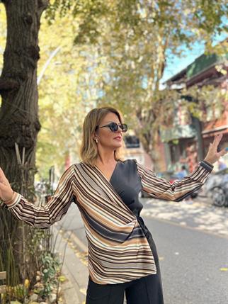 Çizgili Saten Kruvaze Bluz