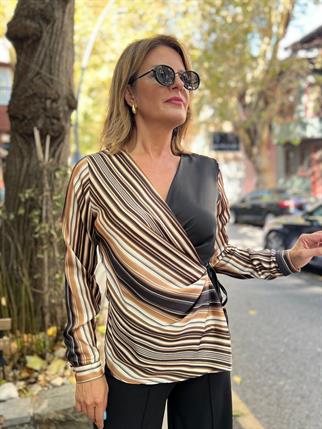 Çizgili Saten Kruvaze Bluz