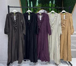 İthal Fırfırlı Keten Elbise