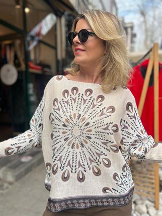 Kahve Mandala Desenli Merserize Bluz