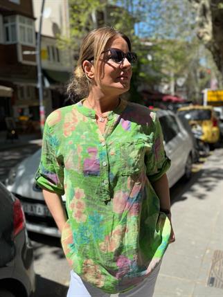 Floral Desen İthal Keten Gömlek