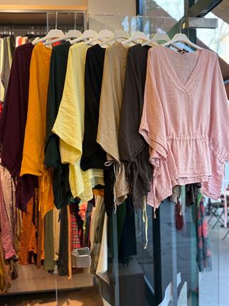 İthal Ham Keten V Yaka Yanı Bağcıklı Bluz