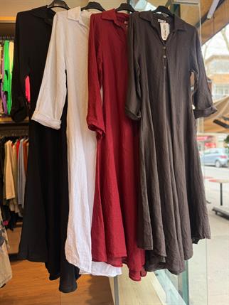 İthal Düğmeli Uzun Keten Elbise