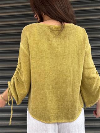 İthal Petek Dokulu Kolu Bağlamalı Keten Bluz