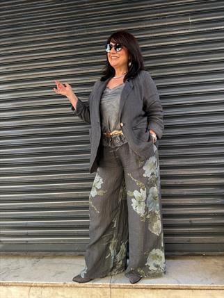 İthal Çiçekli Pantolonlu Keten Ceket Takım