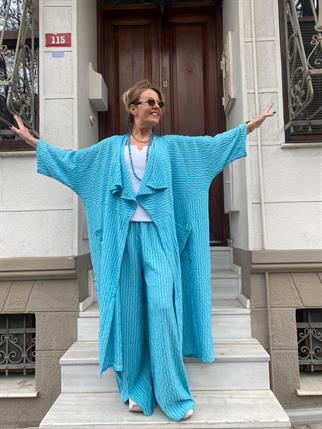 Çizgili Turkuaz Kap Ceket