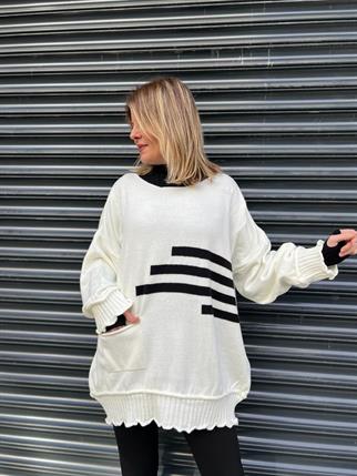 Ekru Şerit Detay Oversize Kazak