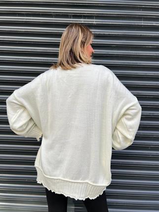 Ekru Şerit Detay Oversize Kazak